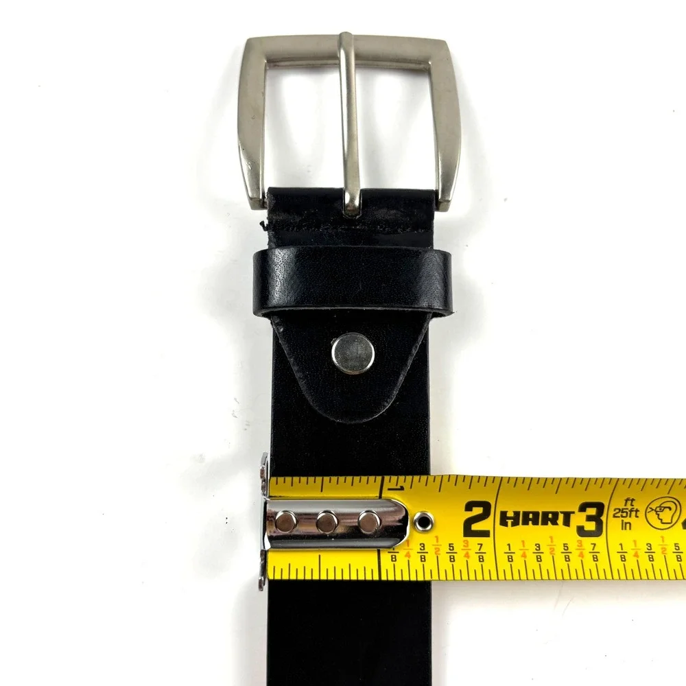 Leather Belt Mens M 34-38 Black Silver Buckle 1.5in Classic Minimalist Casual